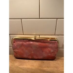 Hobo Lauren Clutch Wallet Pink Orange Metallic Floral Double Frame Leather